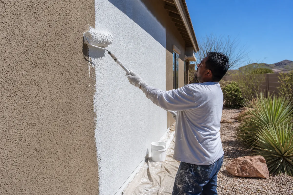 Contractor rolling elastomeric coating onto a stucco wall in Scottsdale Arizona