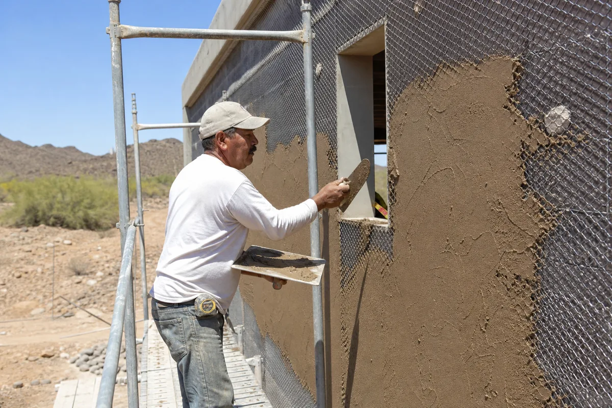 Plasterer applying a brown coat of stucco over lath on a new Scottsdale home