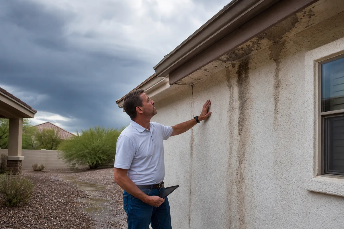 Contractor inspecting monsoon water damage on Scottsdale stucco