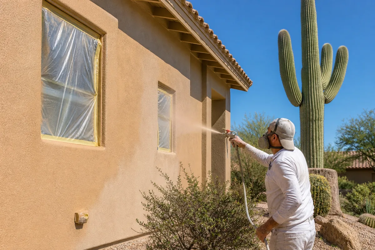 Stucco contractor recoating the exterior of a Scottsdale Arizona home
